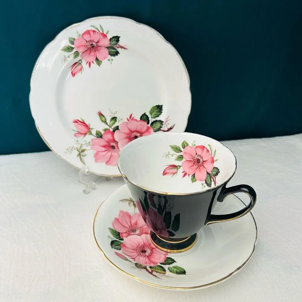 Vintage Old Royal England Pink Rose Porcelain Tea Cup Saucer Cake Plate Set